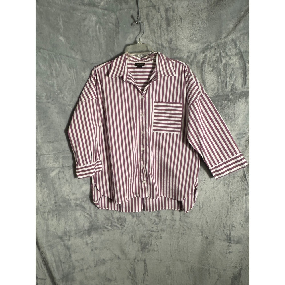 J. Jill Wearever Purple White Striped Button Front‎ Shirt 3/4 Sleeve M oversized